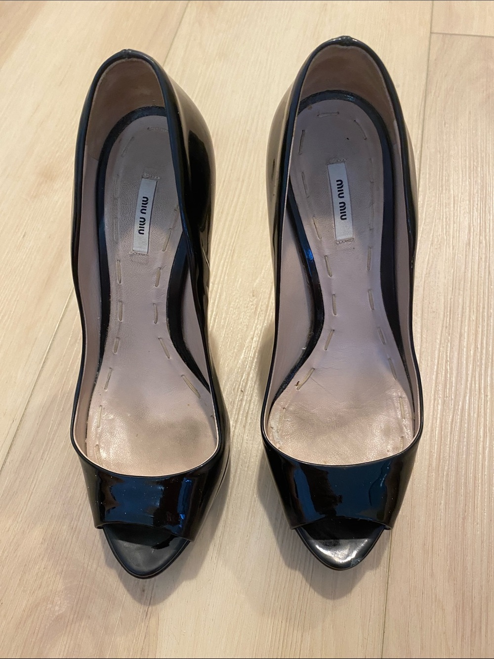 Miu Miu Black Patent Peep-Toe Pumps with Signature Insole and dust bags